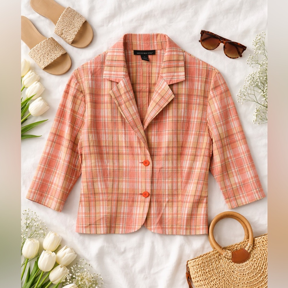 Briggs New York vintage  Coral and Cream Plaid Blazer cotton blend size 18